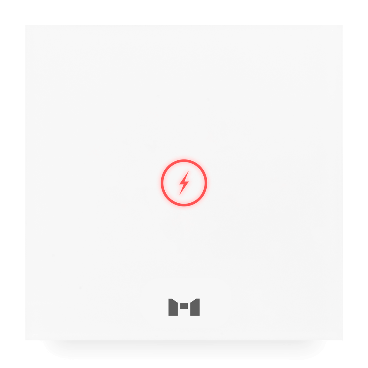 لوحة Power Panel أنيقة من MTronic باللون الأبيض اللؤلؤي مع رمز برق أزرق صغير داخل دائرة وشعار MRS باللون الرمادي في الأسفل