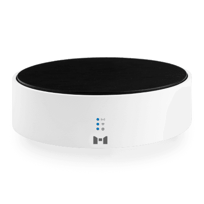A sleek white MTronic MHub, with a flat black top and a grey MTronic logo