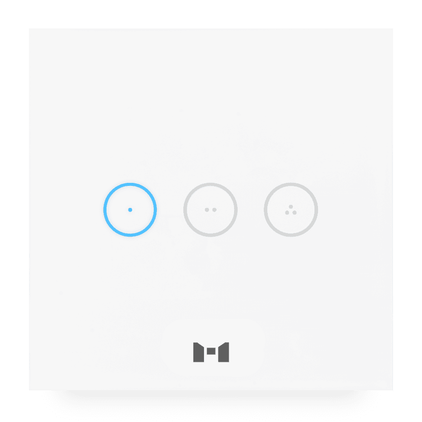 A sleek pearl white 4 Gang smart Touch Panel with 1 gang illuminated blue to show it is switched on