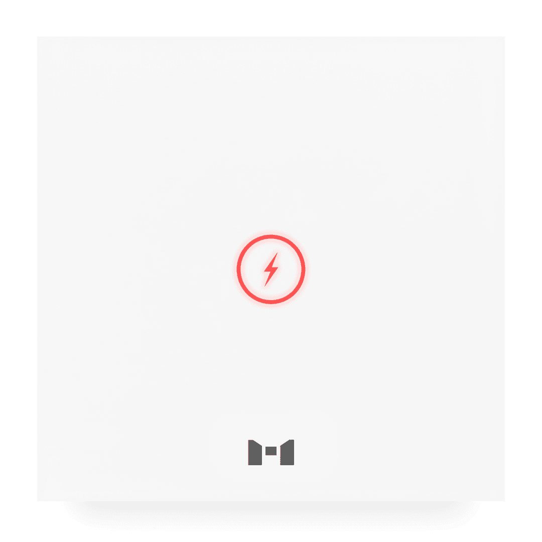 لوحة Power Panel أنيقة من MTronic باللون الأبيض اللؤلؤي مع رمز برق أزرق صغير داخل دائرة وشعار MRS باللون الرمادي في الأسفل