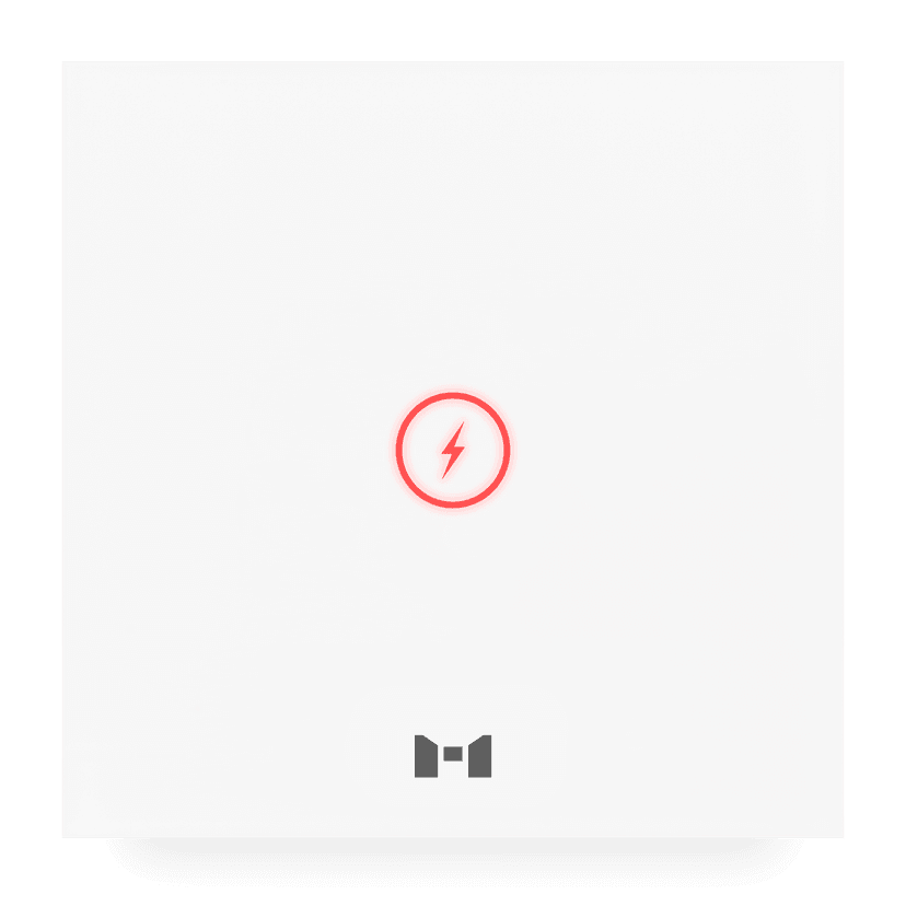 A sleek pearl white MTronic Power Panel with a small blue lightening bolt in a circle and a grey MRS logo at the bottom