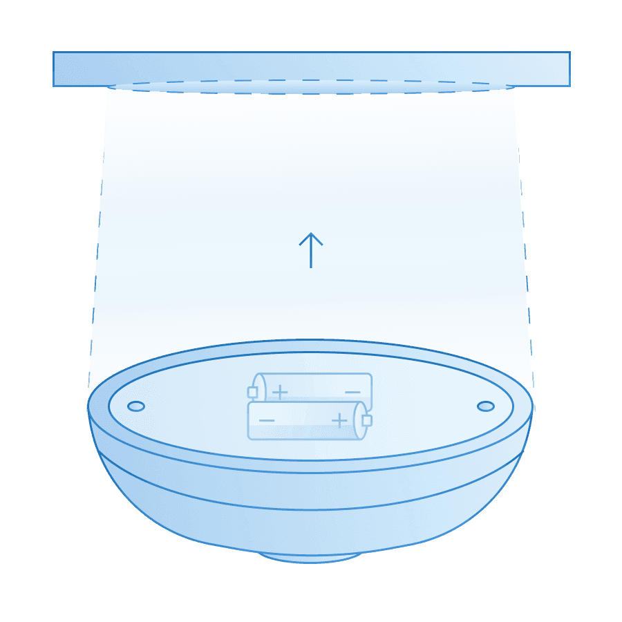 رسم توضيحي لجهاز استشعار الحركة والضوء من MTronic مع البطاريات لإظهار أنه لاسلكي