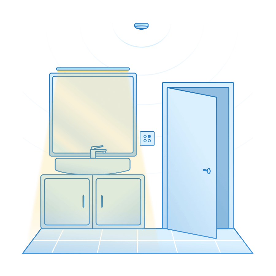 تشغيل الضوء والمروحة في الحمام عندما يكتشف مستشعر الحركة والضوء من MTronic دخول شخص ما